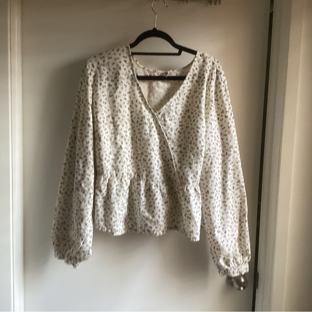 Floral Wrap Blouse - Beige & Olive Green